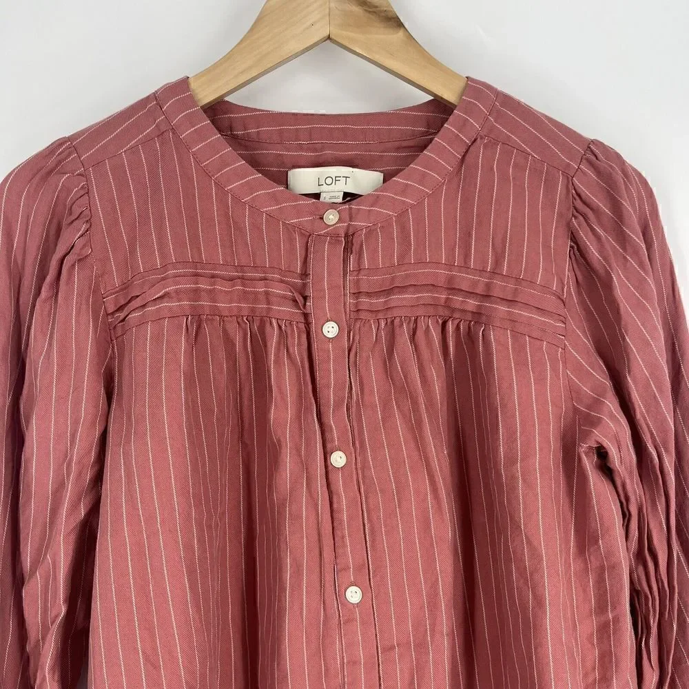 Loft Top Size Small Womens Pink Button Down Striped Pleated Blouse Puff Sleeve